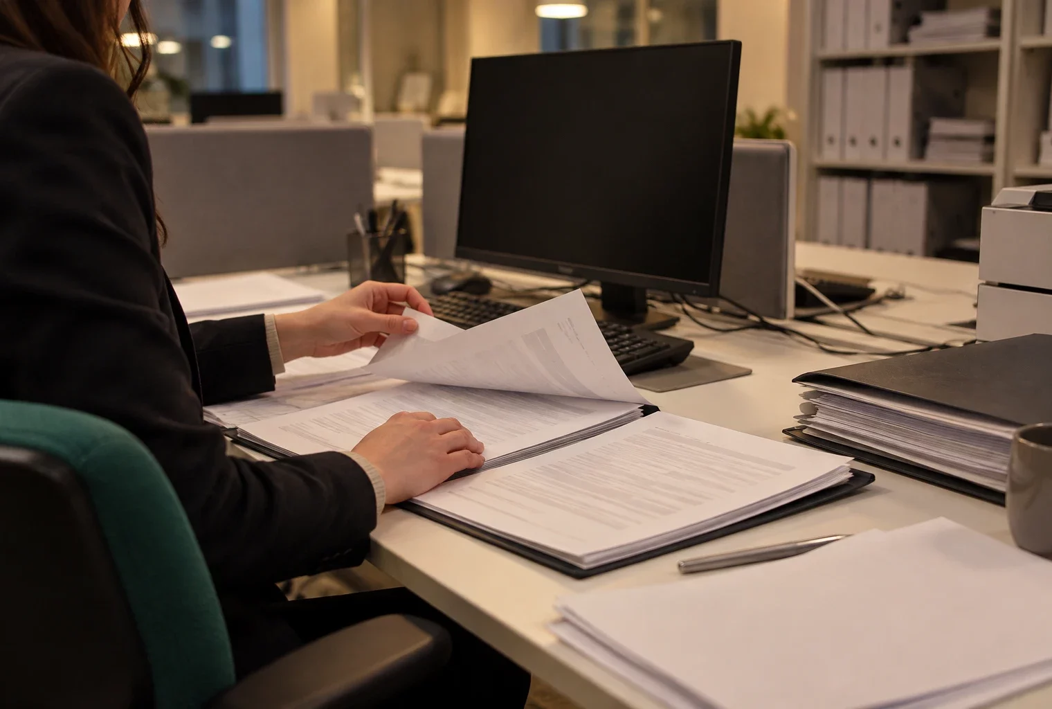 Deux mains travaillent sur des amendements en papier blanc et un dossier ouvert, sur un bureau parlementaire encombré.