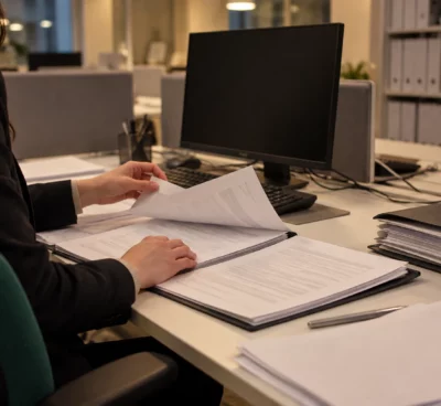 Deux mains travaillent sur des amendements en papier blanc et un dossier ouvert, sur un bureau parlementaire encombré.