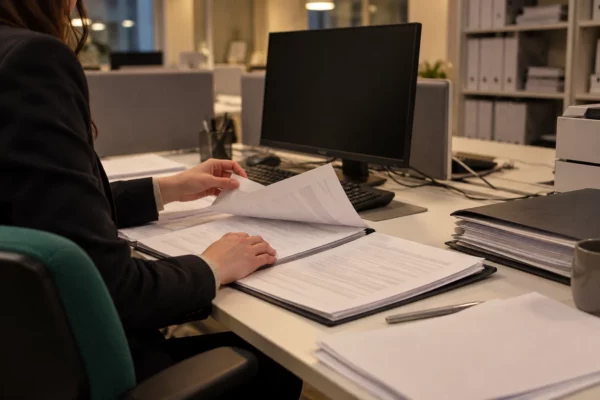 Deux mains travaillent sur des amendements en papier blanc et un dossier ouvert, sur un bureau parlementaire encombré.