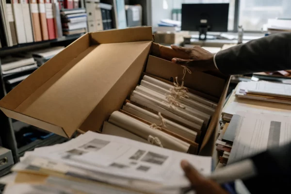 Dossier de pièces imprimées dans un cabinet d’instruction, avec mains au travail, étagères juridiques et lumière froide.