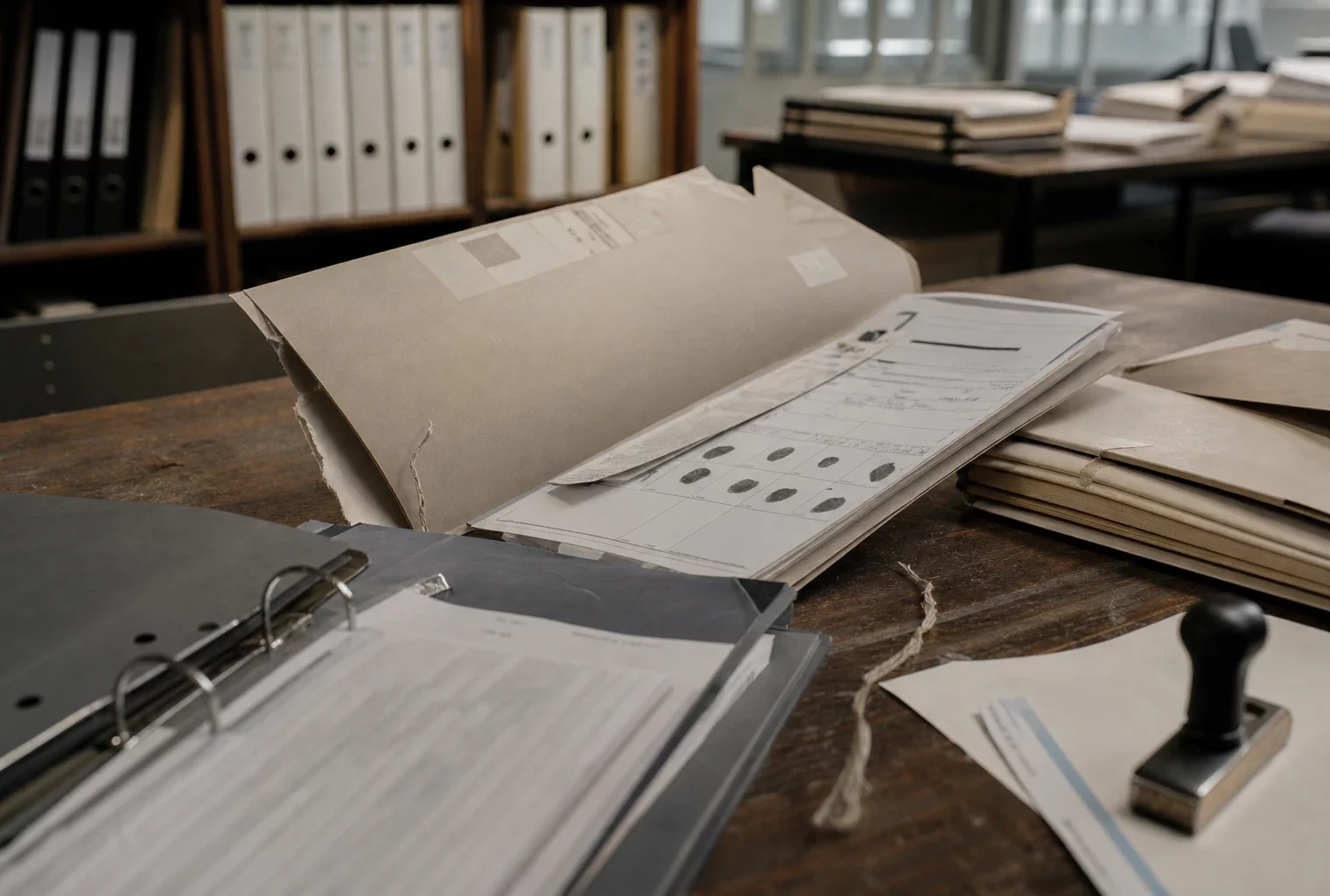Dossier d’huissier ouvert sur une table, pièces d’authentification, tampon et chemises de procédure dans un cabinet sobre.
