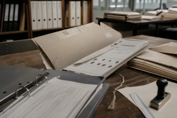 Dossier d’huissier ouvert sur une table, pièces d’authentification, tampon et chemises de procédure dans un cabinet sobre.