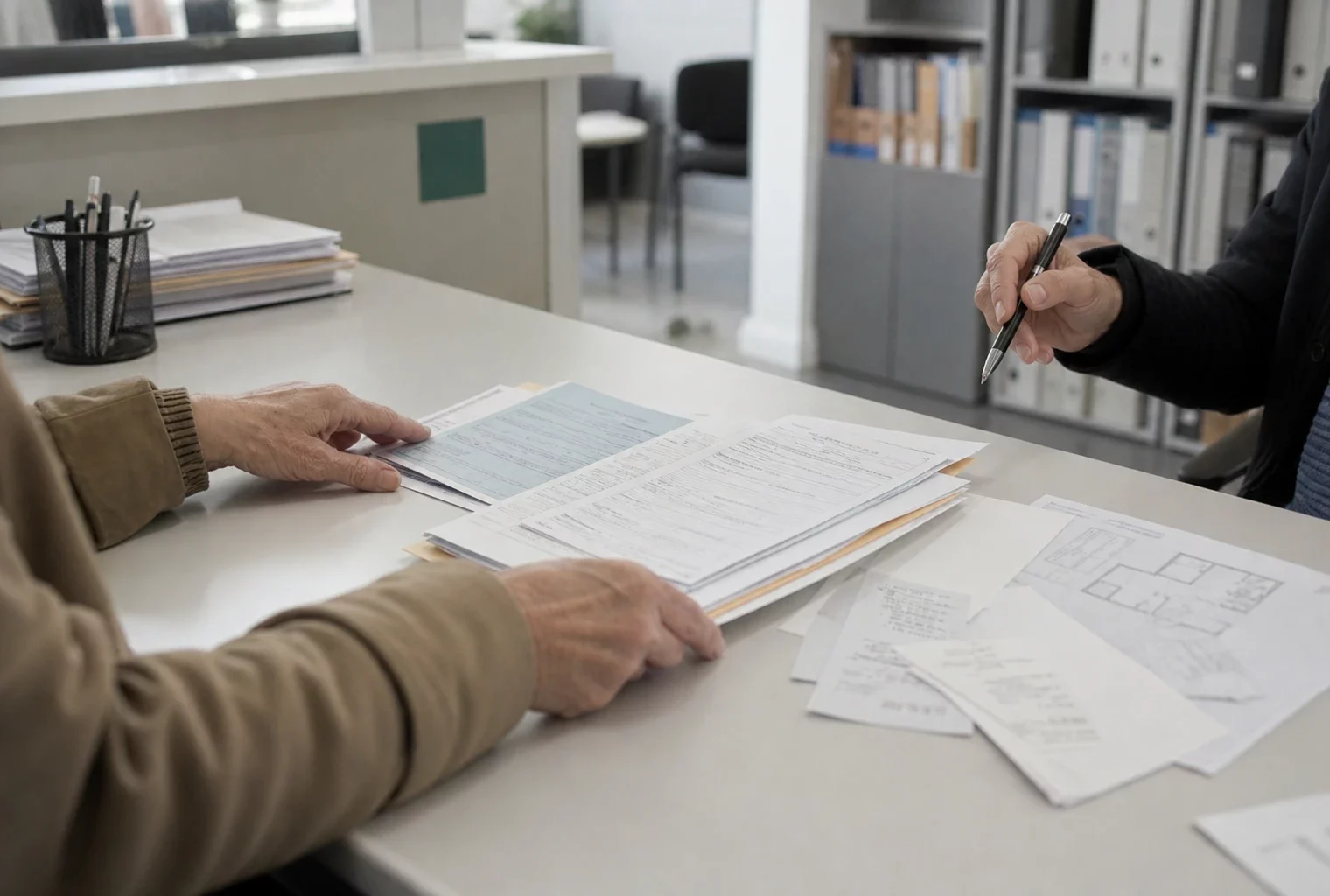 À un guichet de logement, des mains trient un dossier de location avec formulaires et quittances sur un bureau administratif.
