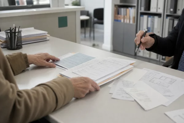 À un guichet de logement, des mains trient un dossier de location avec formulaires et quittances sur un bureau administratif.