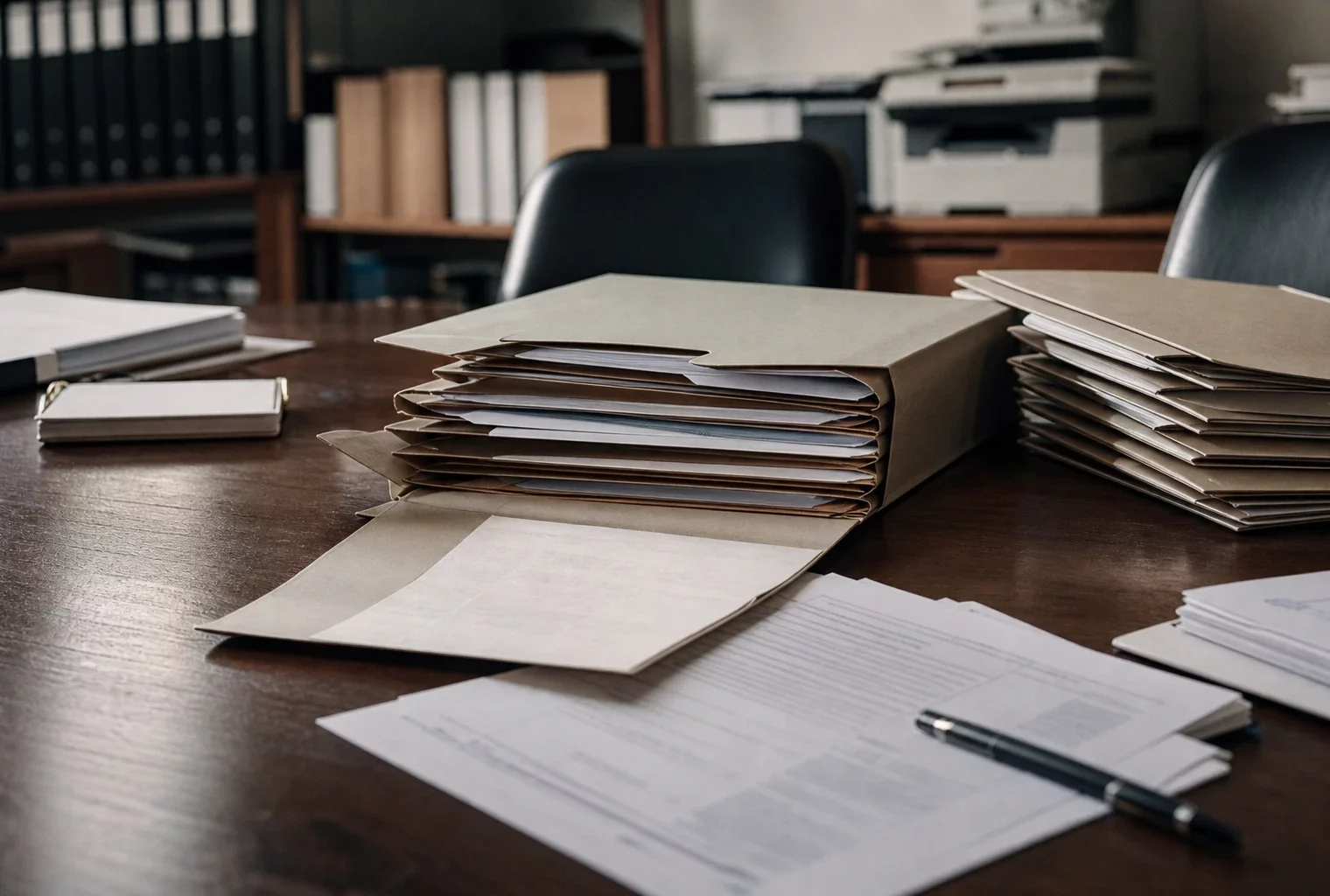 Dossier de plainte en diffamation posé sur une table d’avocat, avec chemises, feuilles agrafées et étagères de classeurs floues.