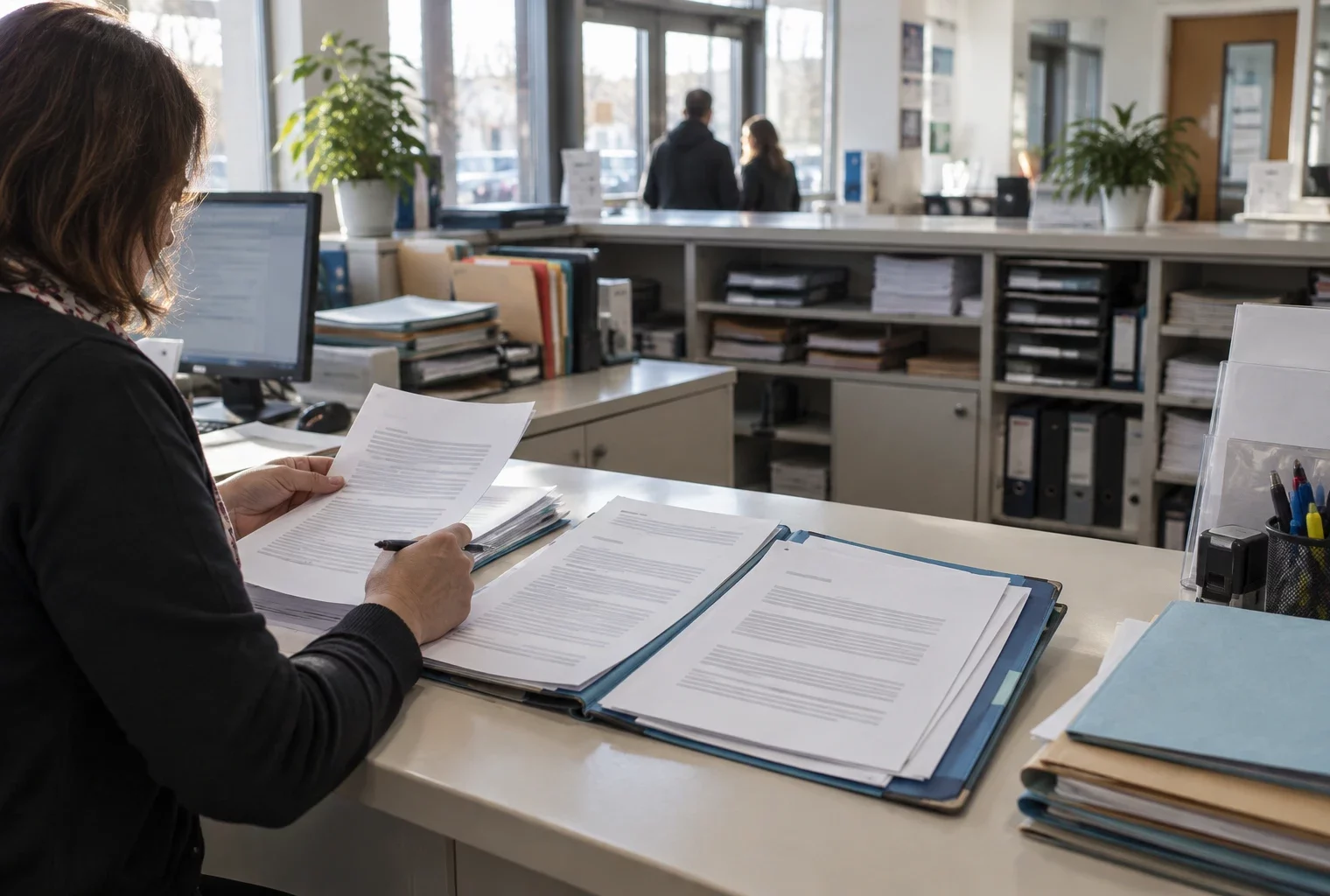 Un dossier de demande de subvention ouvert sur un guichet municipal, avec des casiers de dossiers administratifs en arrière-plan.