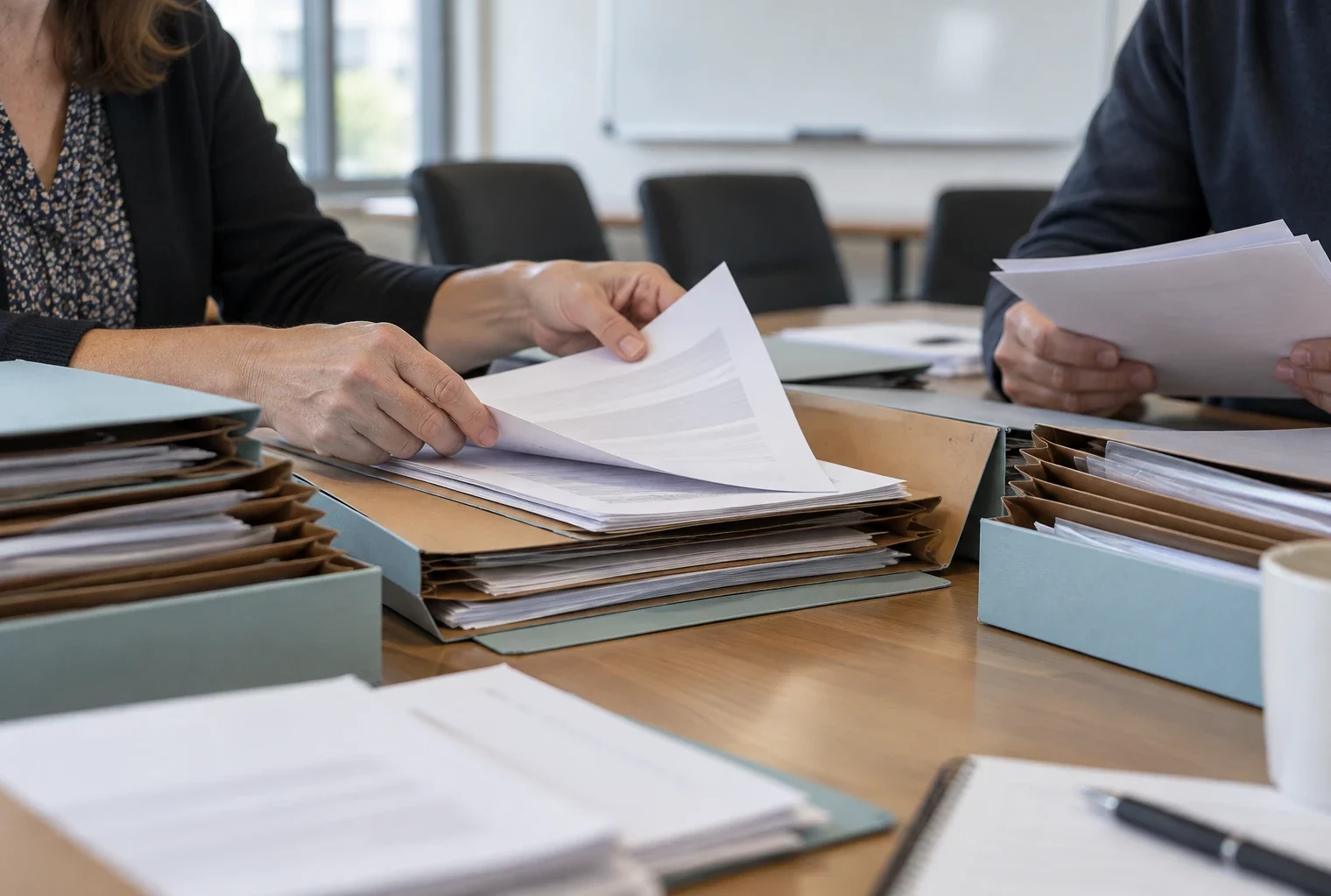 Des mains examinent des dossiers de candidature ouverts sur une table, dans une salle de réunion universitaire.