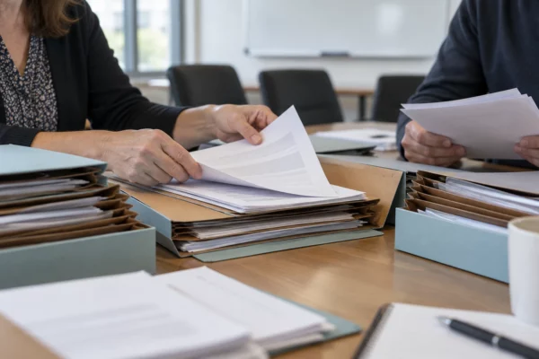Des mains examinent des dossiers de candidature ouverts sur une table, dans une salle de réunion universitaire.
