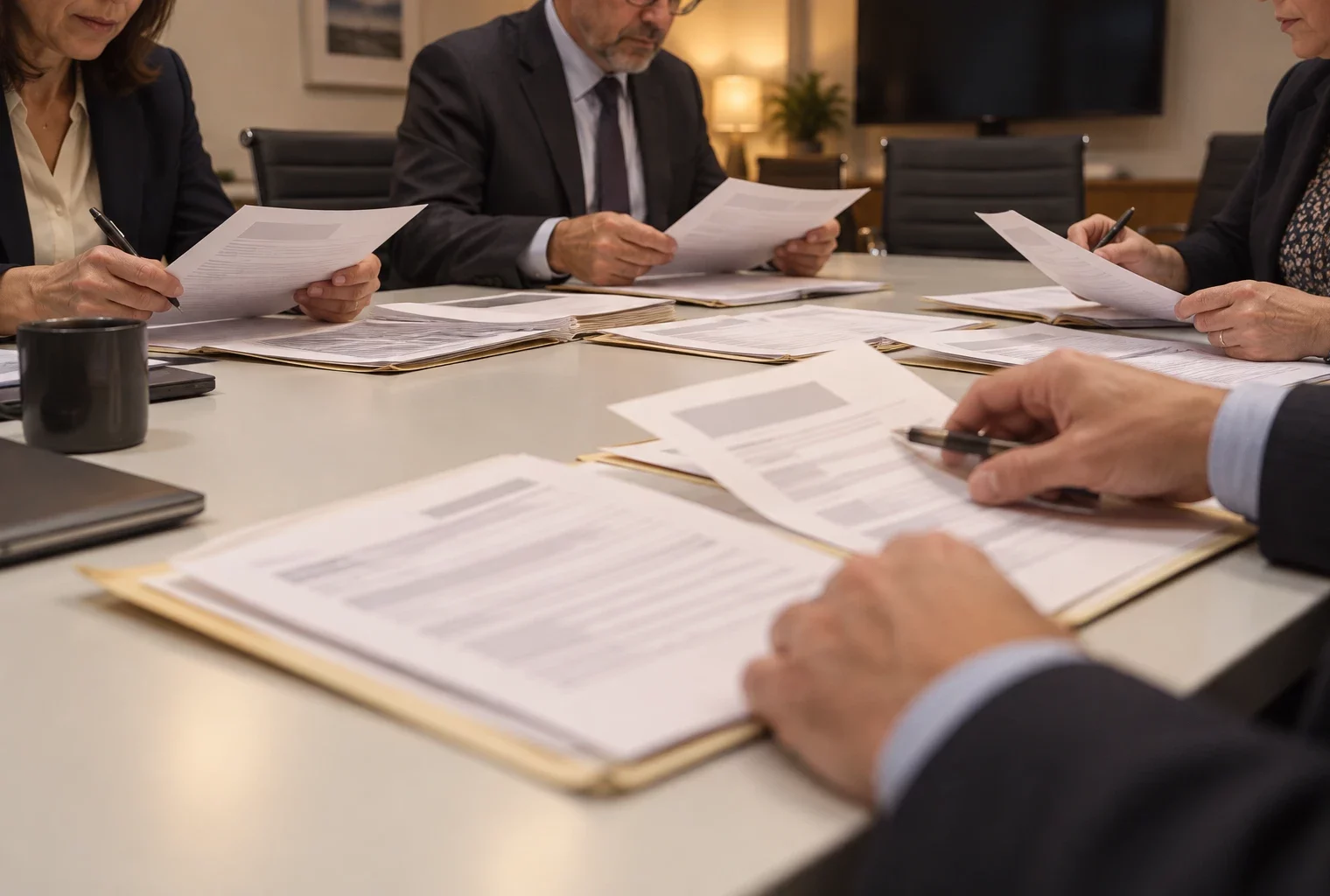 Des mains consultent des dossiers de candidature et des feuilles de résultats sur une table, dans une salle de commission universitaire.