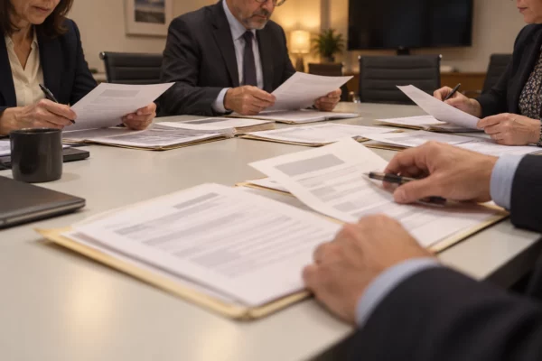 Des mains consultent des dossiers de candidature et des feuilles de résultats sur une table, dans une salle de commission universitaire.