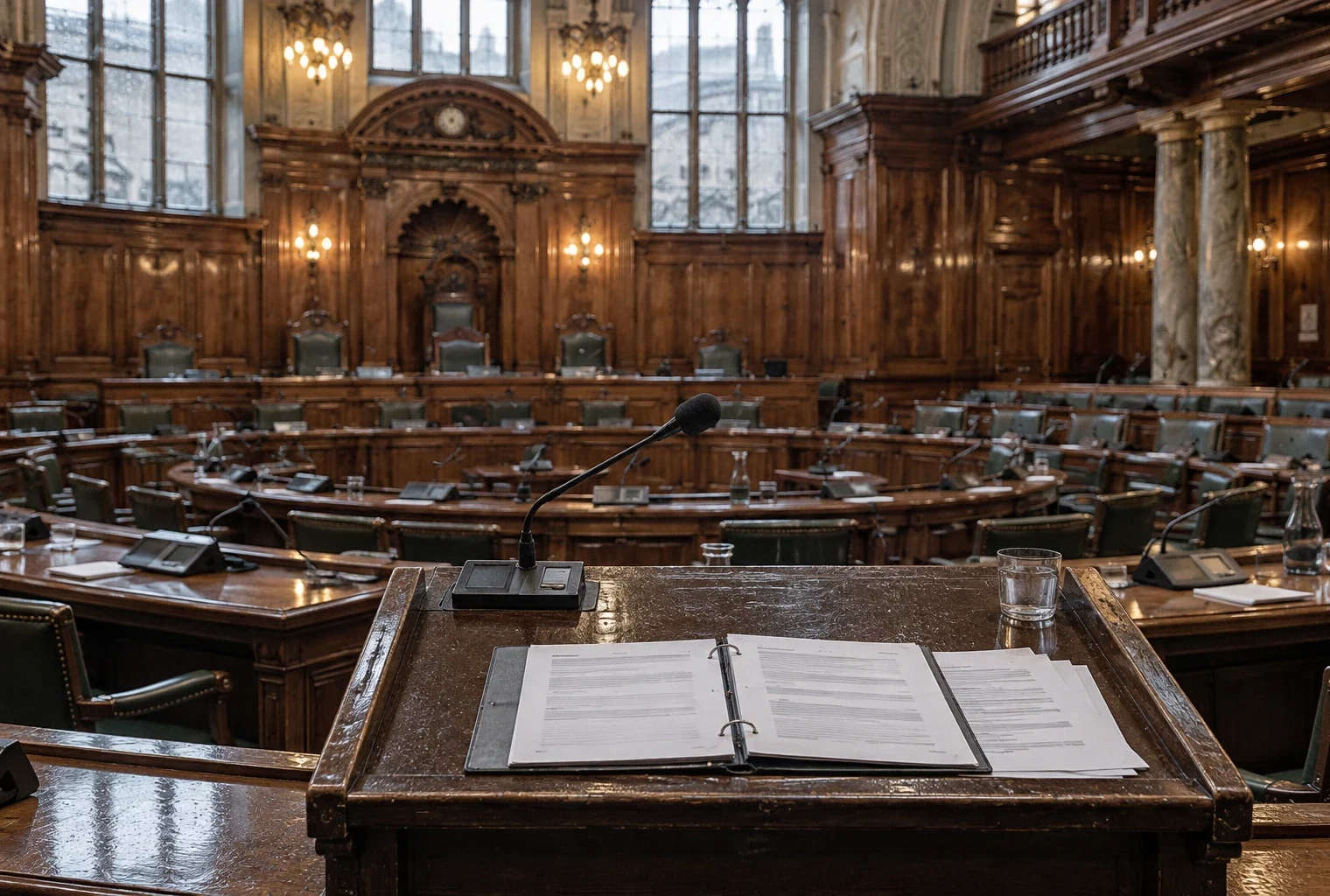 Dossier ouvert et feuilles vierges sur un pupitre à microphone, devant les rangées de sièges d’une salle parlementaire.