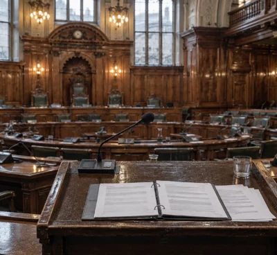 Dossier ouvert et feuilles vierges sur un pupitre à microphone, devant les rangées de sièges d’une salle parlementaire.