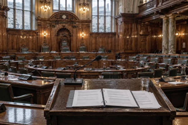 Dossier ouvert et feuilles vierges sur un pupitre à microphone, devant les rangées de sièges d’une salle parlementaire.
