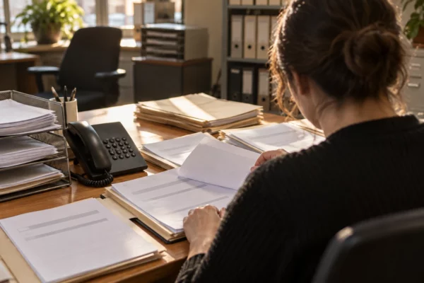 Des dossiers papier ouverts et classés sur un comptoir en bois, dans un espace administratif de contrôle des candidatures.