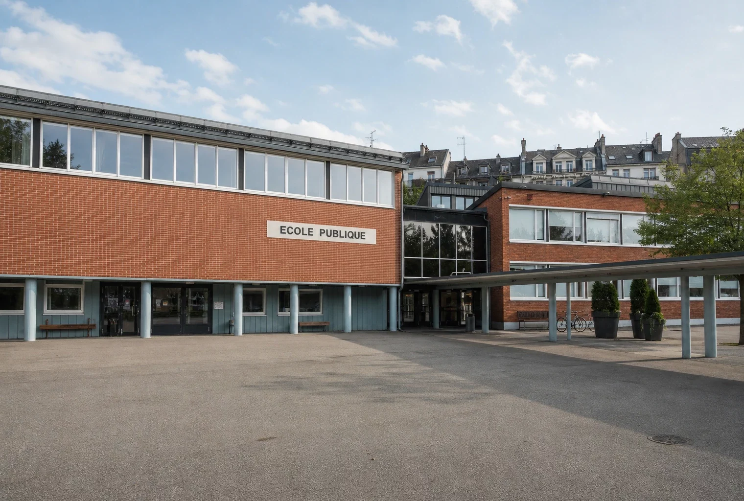Façade d’école publique à Bergerac, entrée et plaque nominative centrées devant une cour calme et usée.