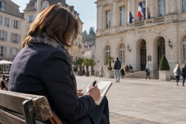 Élu local anonyme prenant des notes dans un carnet devant une mairie paloise, dans la lumière claire d’une matinée.