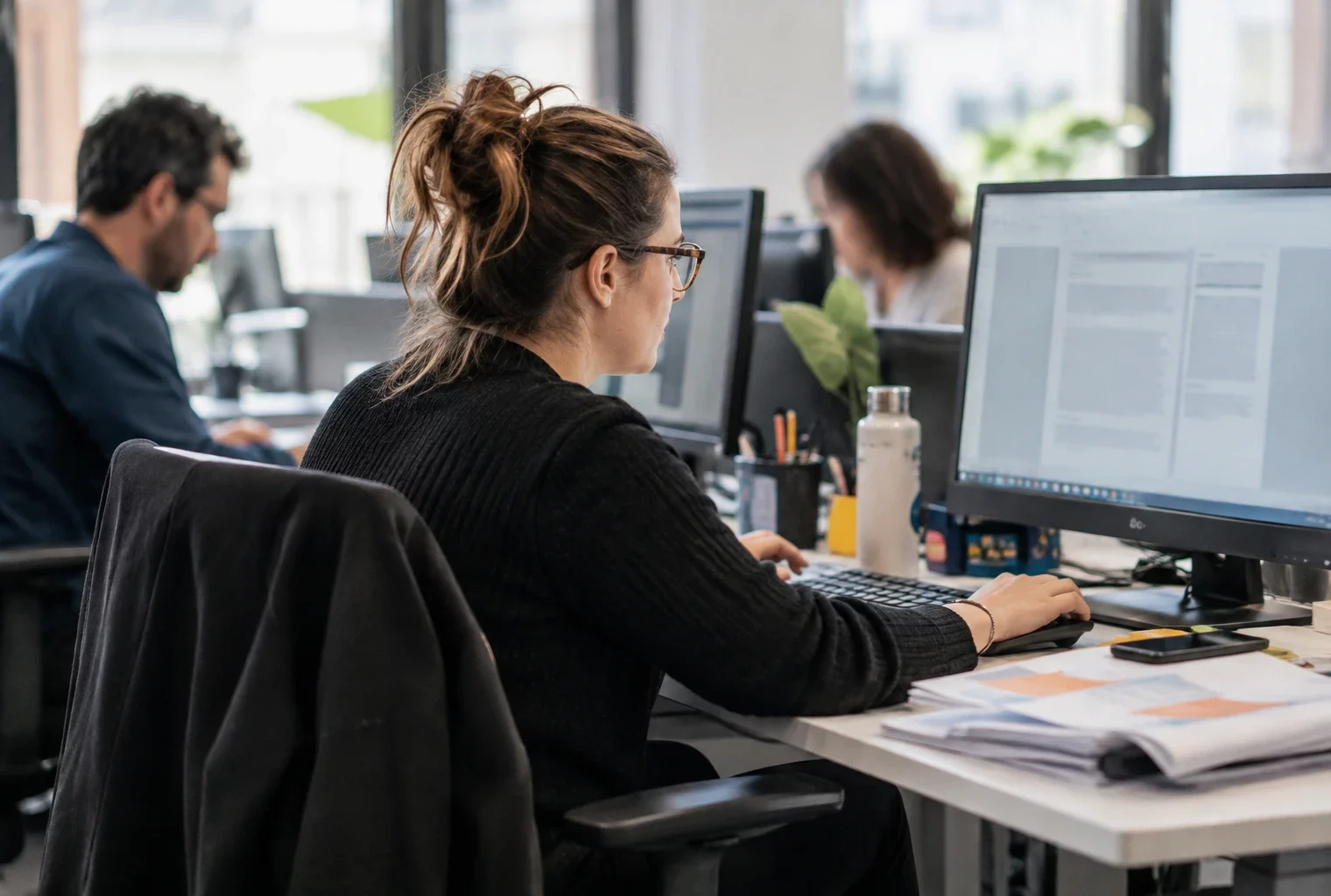 Des employés travaillent à leurs postes dans un bureau équipé d’ordinateurs et de documents, sans signe distinctif d’entreprise.