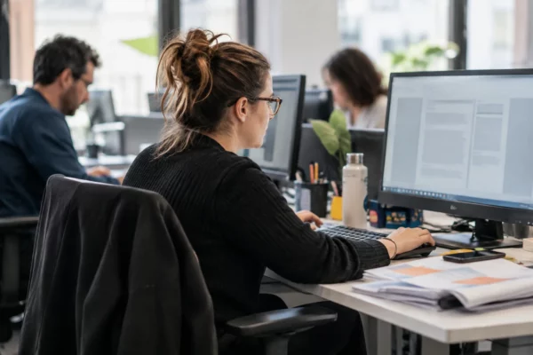 Des employés travaillent à leurs postes dans un bureau équipé d’ordinateurs et de documents, sans signe distinctif d’entreprise.