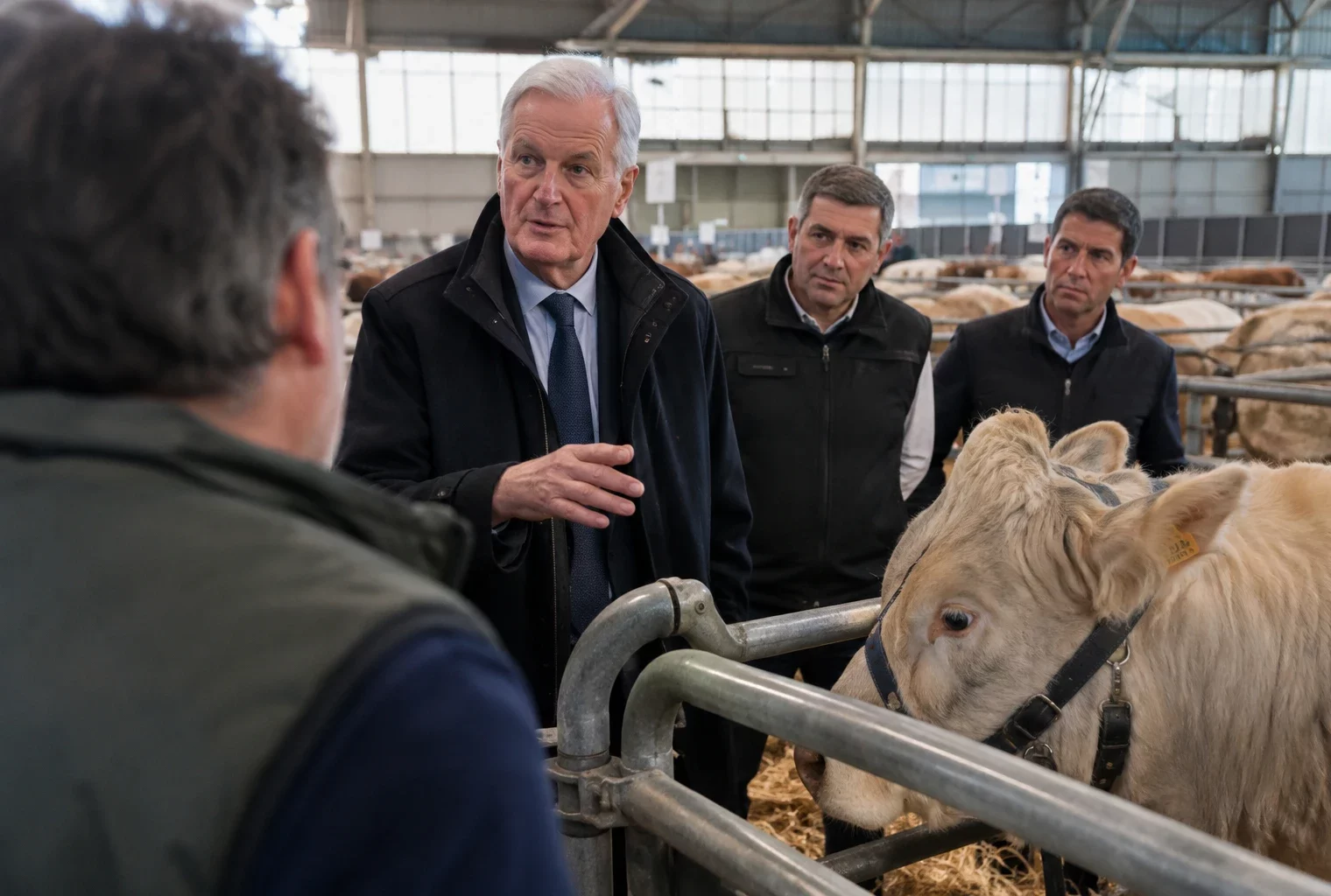 Des enclos métalliques garnis de paille dans un hall d’exposition agricole, avec des barrières alignées au premier plan.