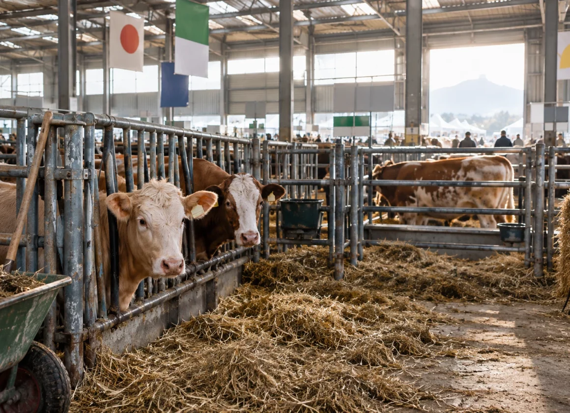 Des bovins dans des enclos métalliques sur la litière de paille d’un hall d’exposition agricole en activité.