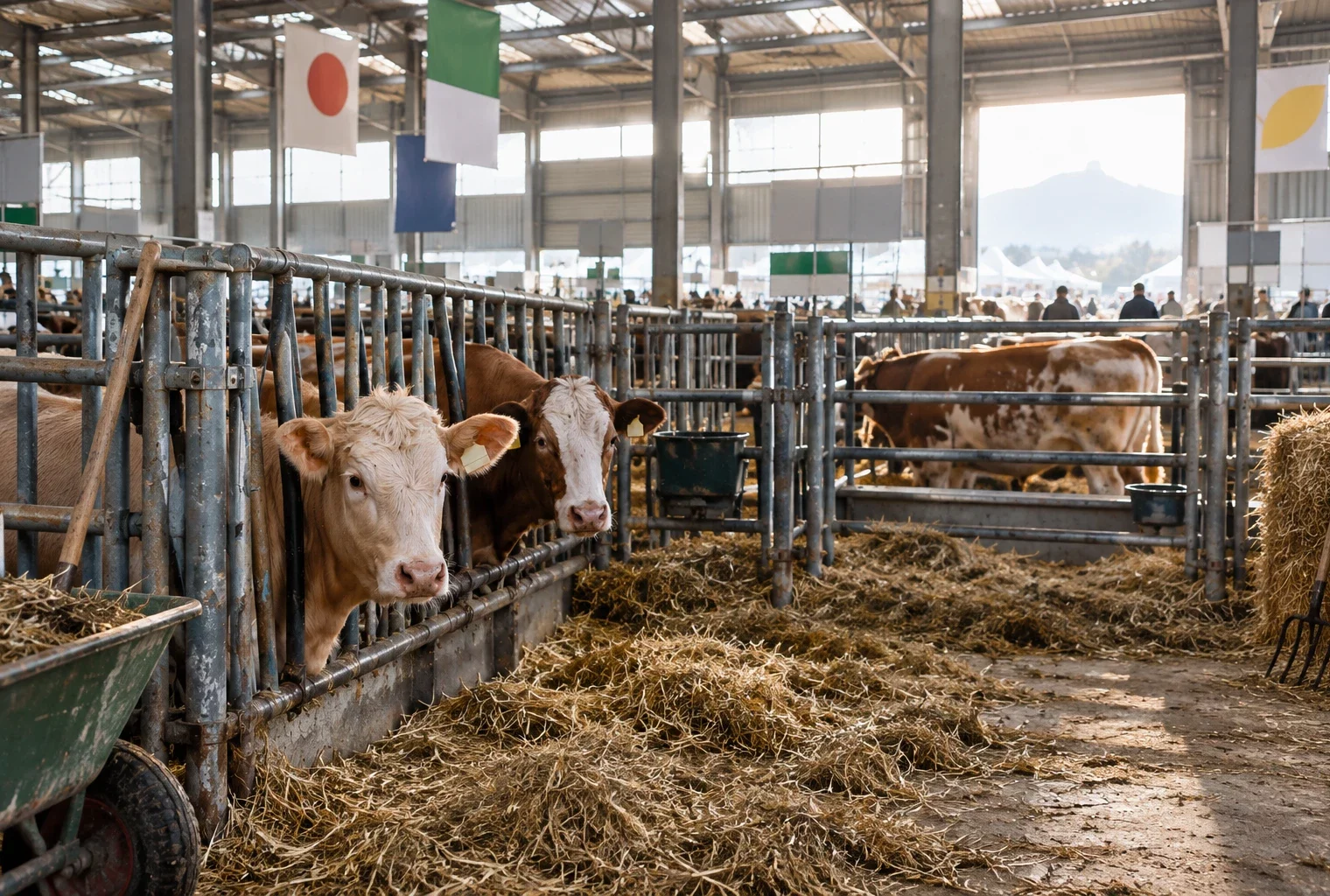 Des bovins dans des enclos métalliques sur la litière de paille d’un hall d’exposition agricole en activité.