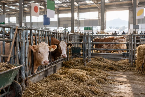 Des bovins dans des enclos métalliques sur la litière de paille d’un hall d’exposition agricole en activité.