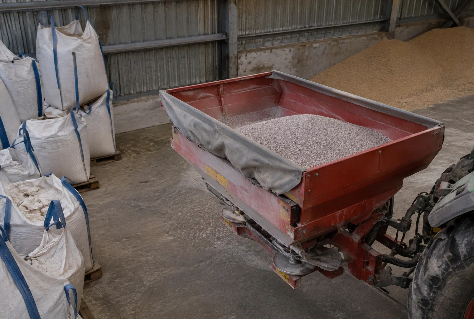 Granulés d’engrais phosphaté près de la trémie d’un épandeur, dans un hangar agricole aux structures métalliques