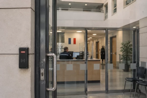 Détail d’un sas vitré de commissariat, avec lecteur d’accès au premier plan et comptoir d’accueil visible dans un atrium sobre.