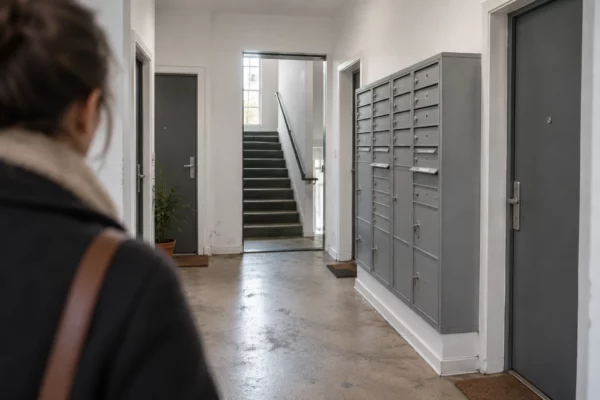 Palier d’immeuble résidentiel avec boîtes aux lettres grises, portes palières et cage d’escalier, vu derrière l’épaule floue d’un résident.