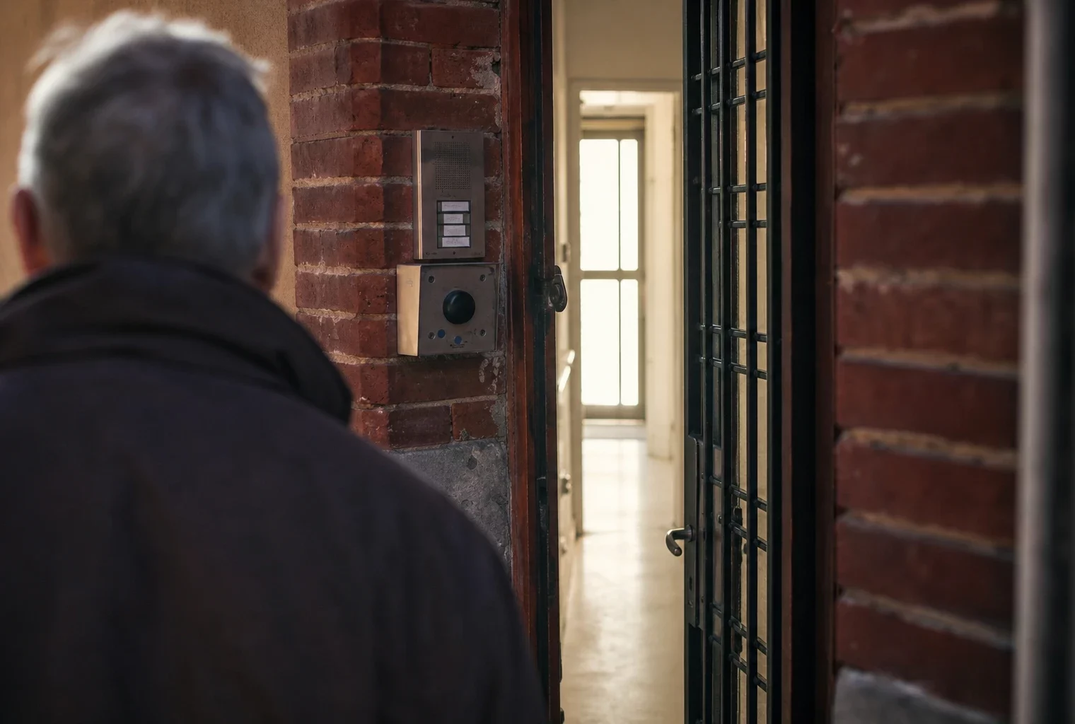 Entrée d’immeuble sécurisée en France, porte métallique, interphone et boîtier de contrôle dans un hall neutre.