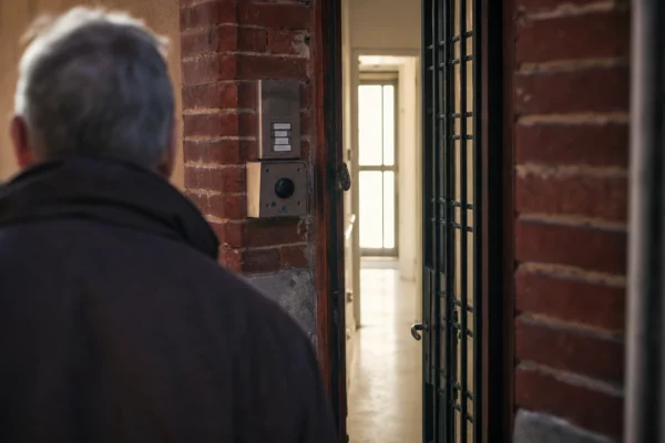 Entrée d’immeuble sécurisée en France, porte métallique, interphone et boîtier de contrôle dans un hall neutre.