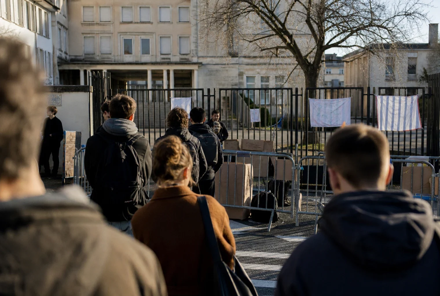 Entrée de lycée bloquée par des élèves, avec barrières et sacs posés au sol devant le portail.