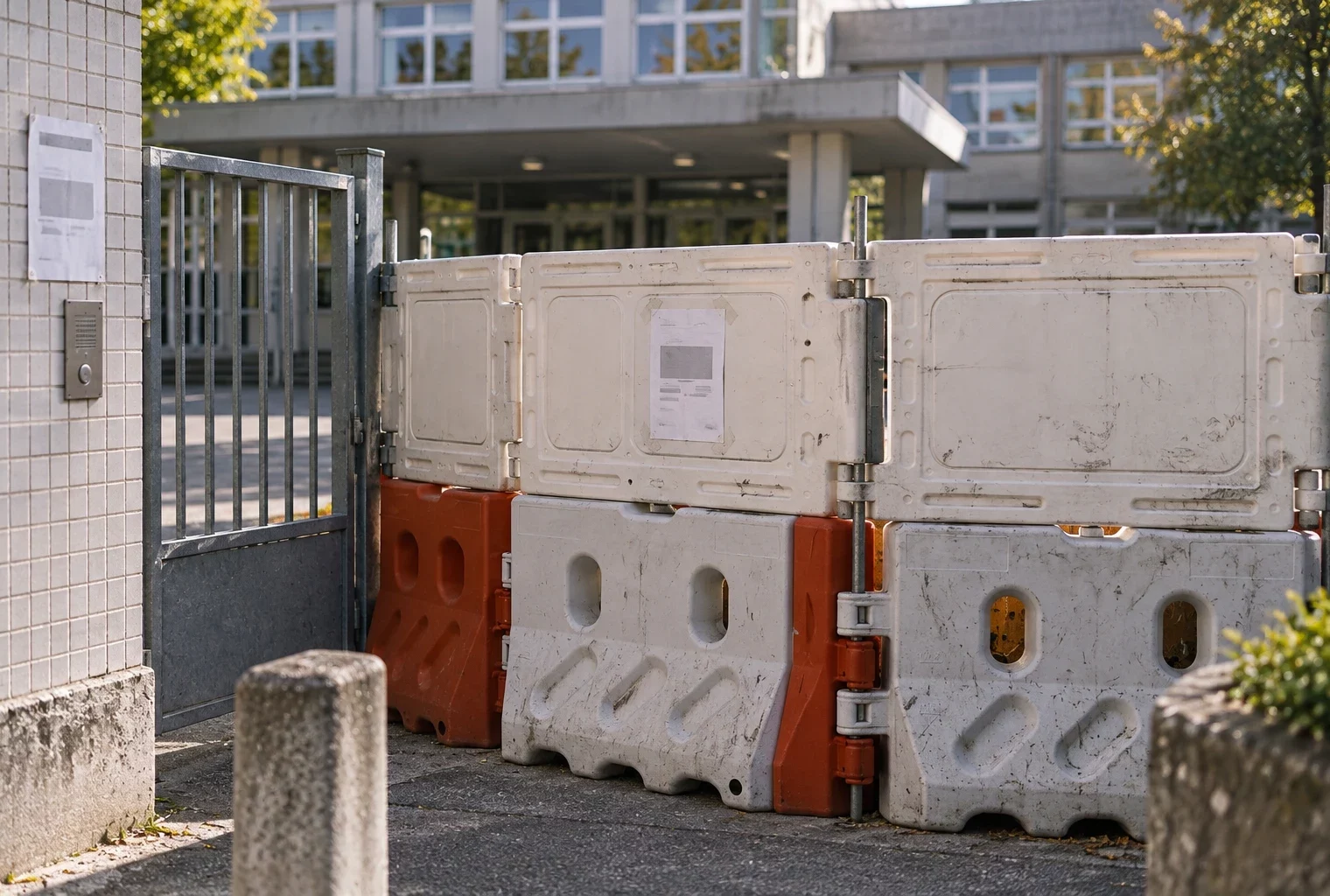 Des barrières en plastique bloquent un portail fermé à l’entrée d’un lycée, devant la façade et les fenêtres de l’établissement.