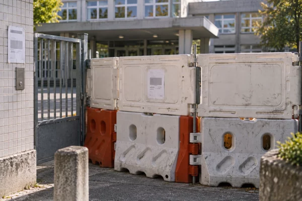 Des barrières en plastique bloquent un portail fermé à l’entrée d’un lycée, devant la façade et les fenêtres de l’établissement.