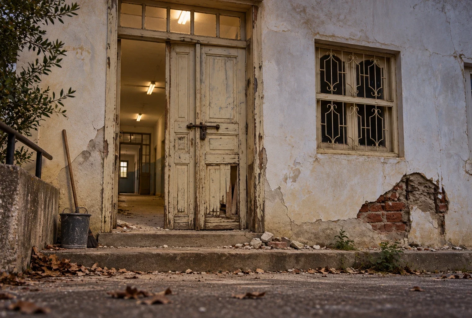 Entrée d’un lycée fermée, avec porte abîmée, plâtre fissuré et briques apparentes sous une fenêtre grillagée.
