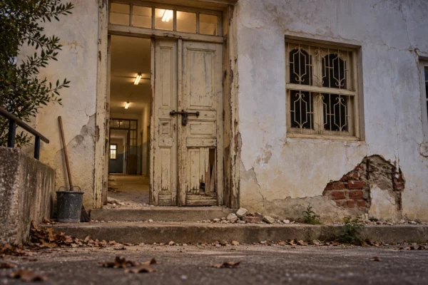 Entrée d’un lycée fermée, avec porte abîmée, plâtre fissuré et briques apparentes sous une fenêtre grillagée.