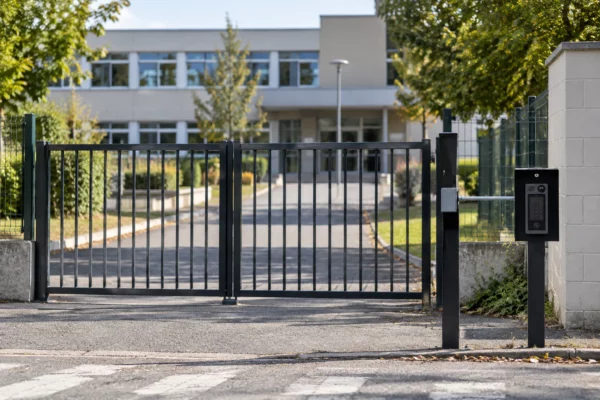 Un portail fermé et un chemin d’accès vide devant la façade sobre d’un lycée, avec un dispositif de contrôle fixé à un poteau.