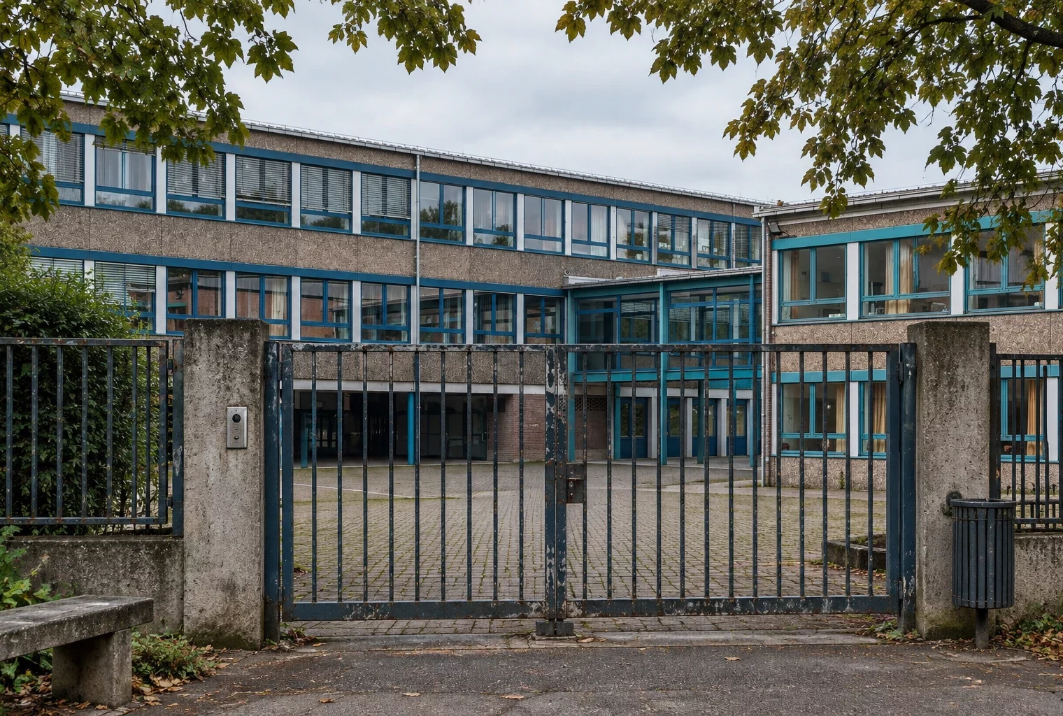 Un portail métallique ouvre sur une cour de lycée pavée, devant un bâtiment aux fenêtres bleues, sous un ciel couvert.