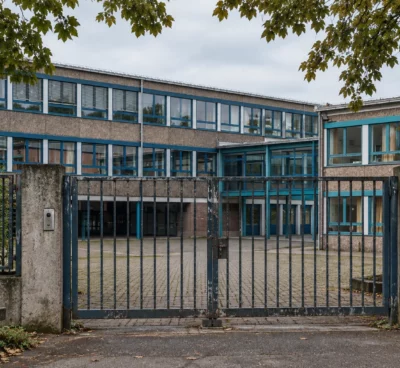 Un portail métallique ouvre sur une cour de lycée pavée, devant un bâtiment aux fenêtres bleues, sous un ciel couvert.