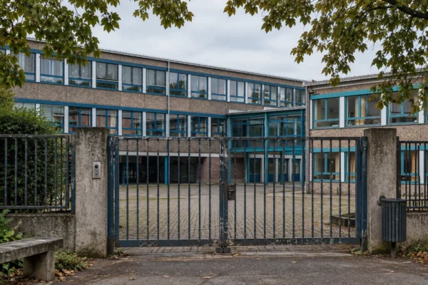 Un portail métallique ouvre sur une cour de lycée pavée, devant un bâtiment aux fenêtres bleues, sous un ciel couvert.