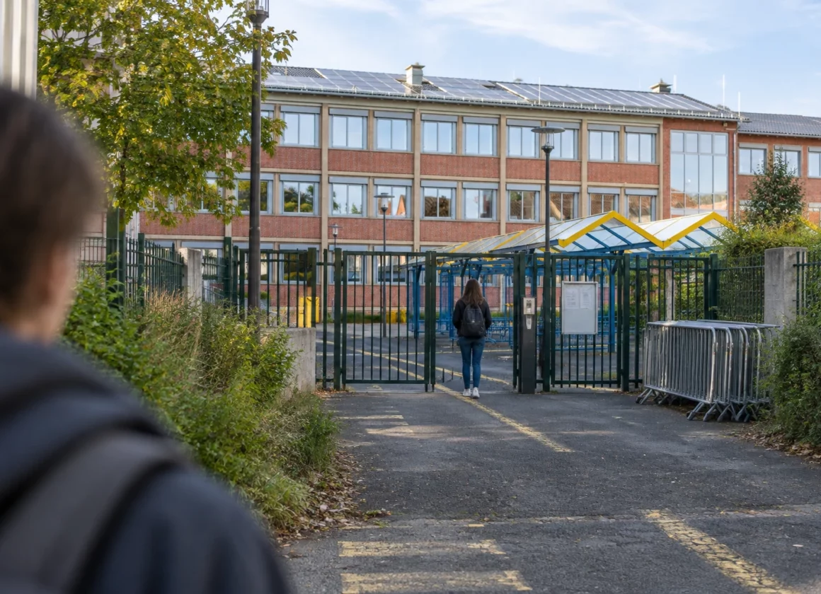 Entrée d’un lycée en briques avec portail métallique, barrières rangées sur le côté et passage couvert devant les fenêtres.