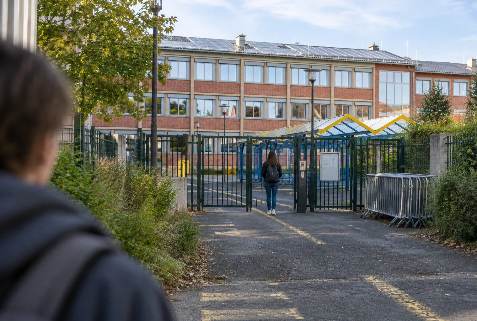 Entrée d’un lycée en briques avec portail métallique, barrières rangées sur le côté et passage couvert devant les fenêtres.