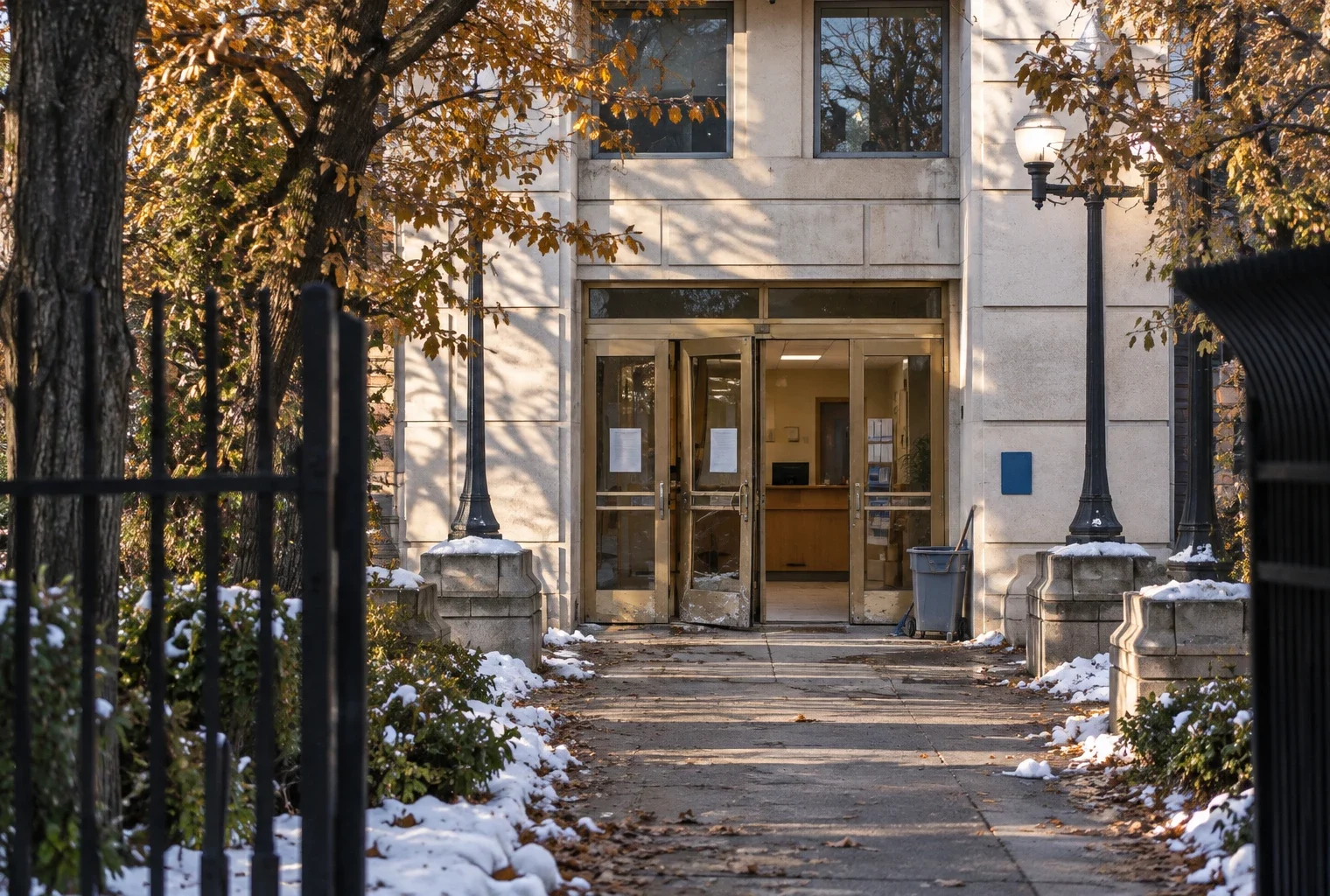 Entrée vitrée d’une mairie aux menuiseries endommagées, avec un hall d’accueil visible derrière la porte et une façade en pierre.
