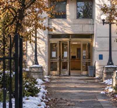 Entrée vitrée d’une mairie aux menuiseries endommagées, avec un hall d’accueil visible derrière la porte et une façade en pierre.