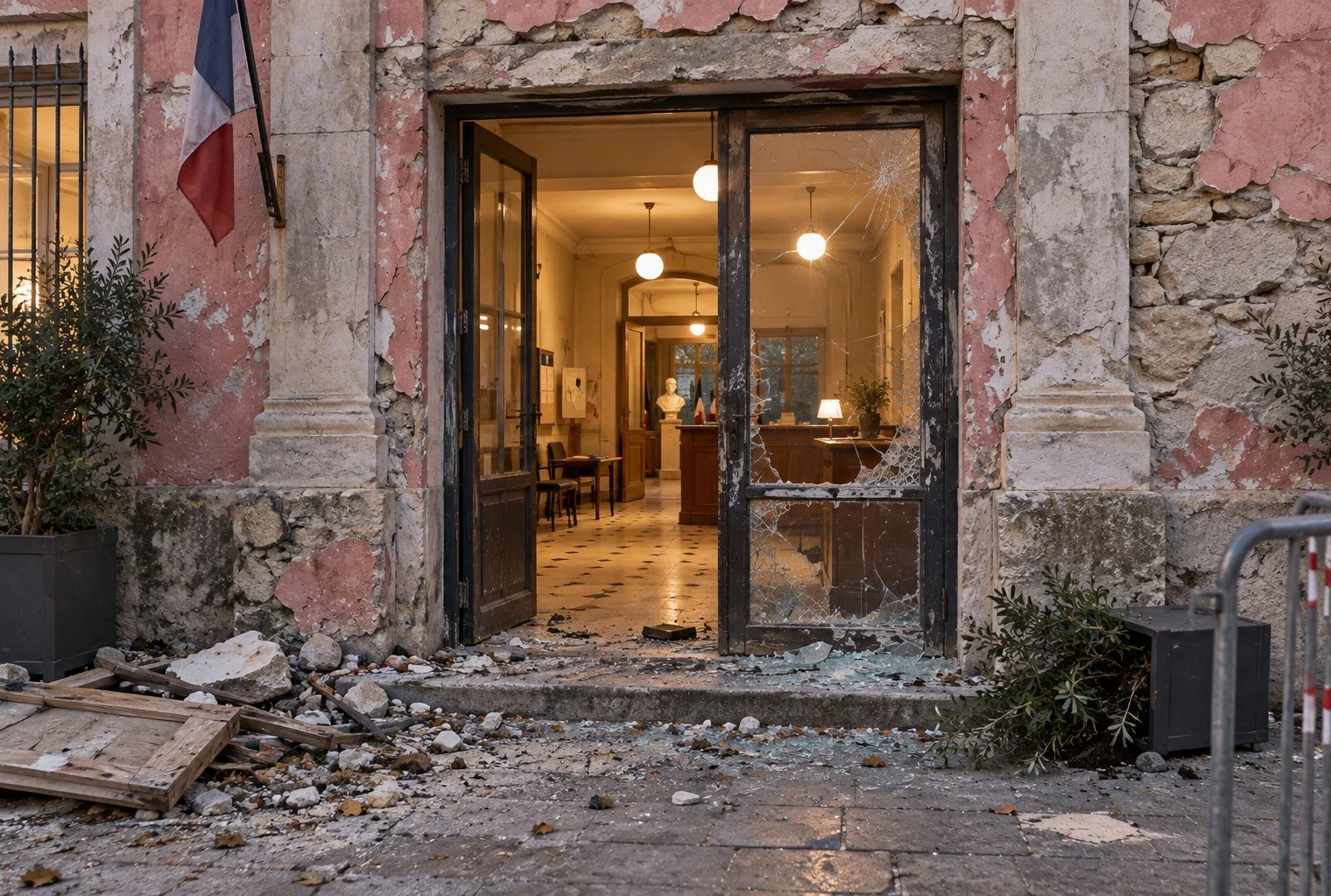 Entrée vitrée fissurée d’une mairie, avec éclats de verre et débris au seuil, hall municipal éclairé visible derrière.