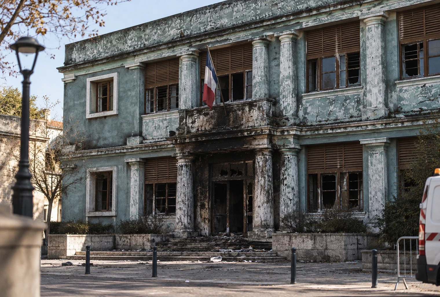 Entrée d’un bâtiment municipal aux murs patinés, avec une porte noircie par le feu et des débris épars au sol.