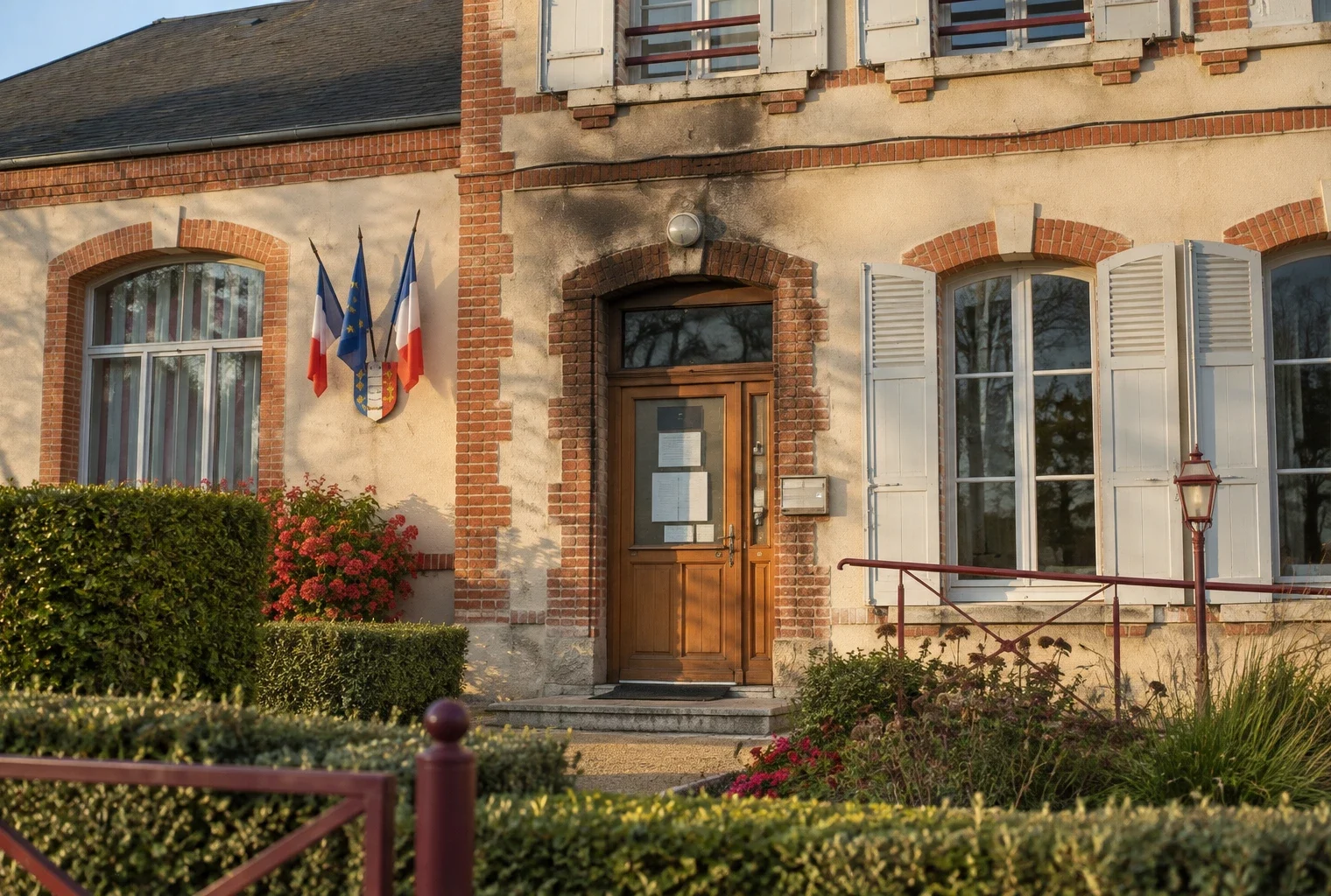 Entrée d’une mairie française aux traces discrètes de suie sur la pierre, devant une façade sobre et des fenêtres.