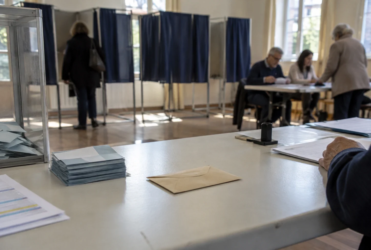 Une enveloppe et des bulletins sur une table de vote, avec des isoloirs et des registres visibles dans la salle.