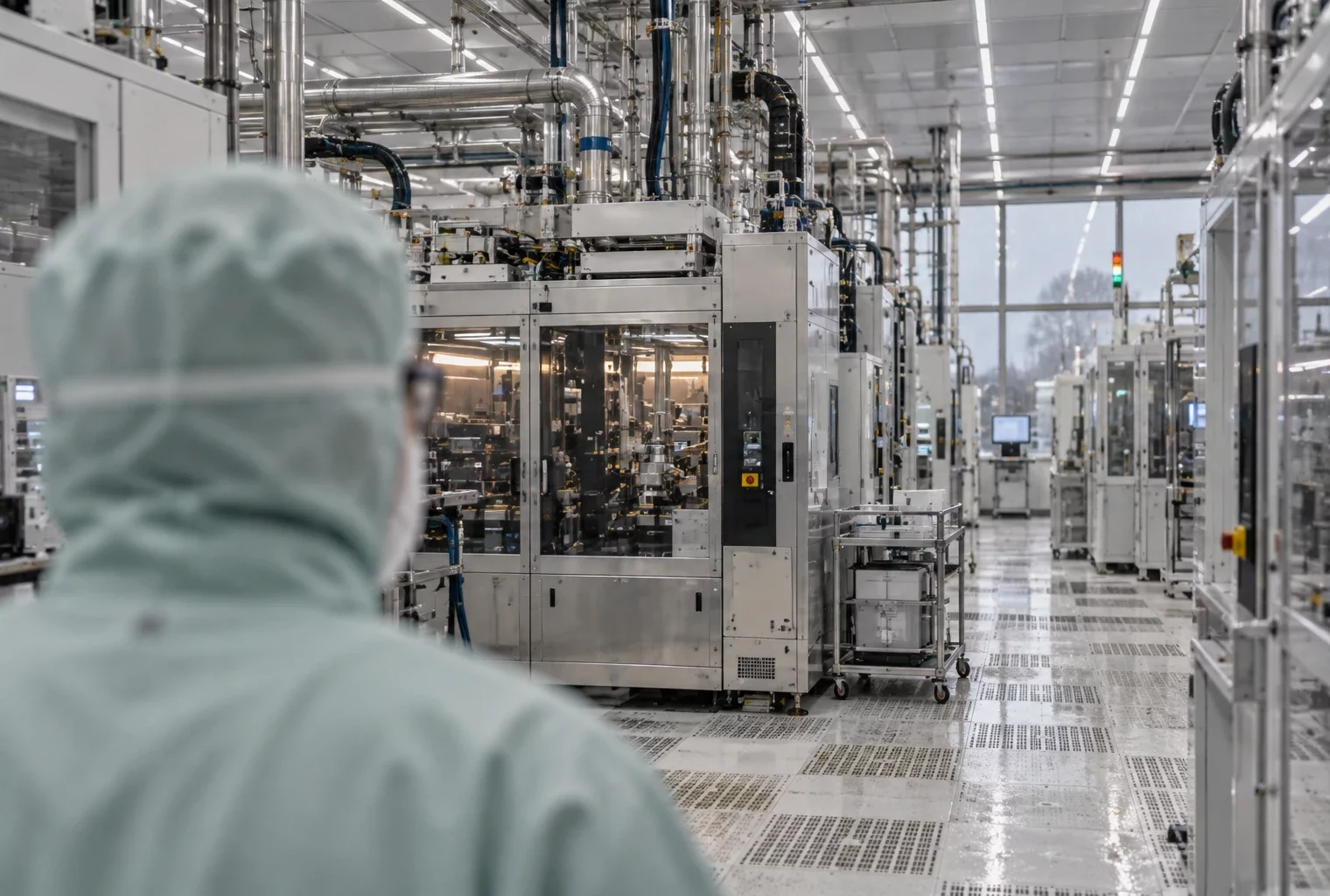 Une personne en tenue de salle blanche observe des équipements métalliques et des conduites dans une usine de semi-conducteurs.