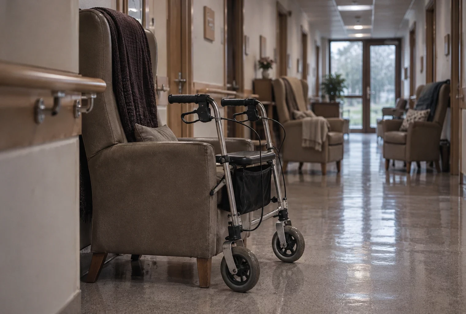 Dans un espace commun d’Ehpad, un déambulateur attend près d’un fauteuil adapté, le long d’une main courante.